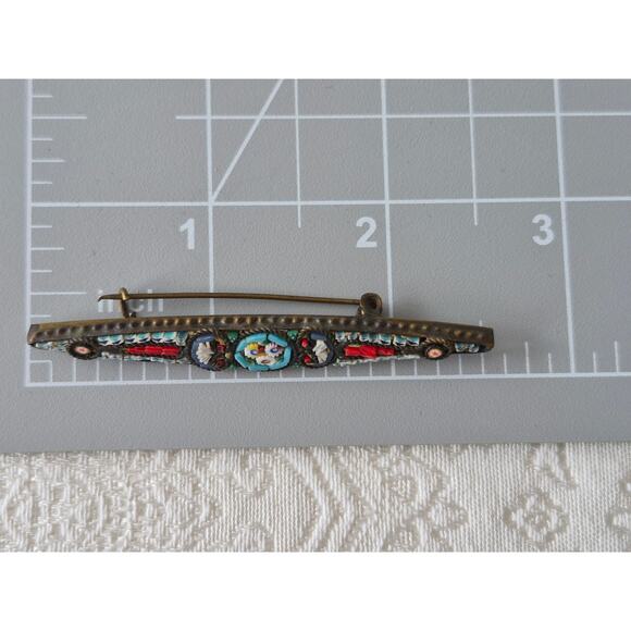 Vintage Millefiori Italian Glass Micro Mosaic Floral Inlaid Bar Brooch Pin - Picture 4 of 4